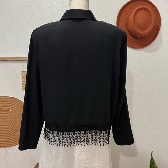 FTLTD Black Vintage 90s Fringe Trim Gold Button Front Cropped Blazer Jacket USA - Picture 2 of 13